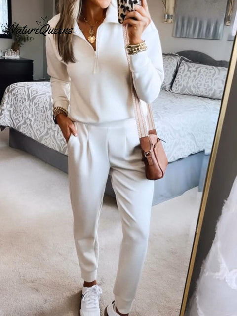 Casual Travel Lapel Zipper Sweatshirt and Pants Two-piece Set