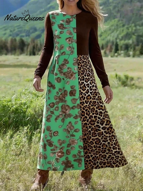 Women's Bohemian Floral Leopard Print Stretch Dress