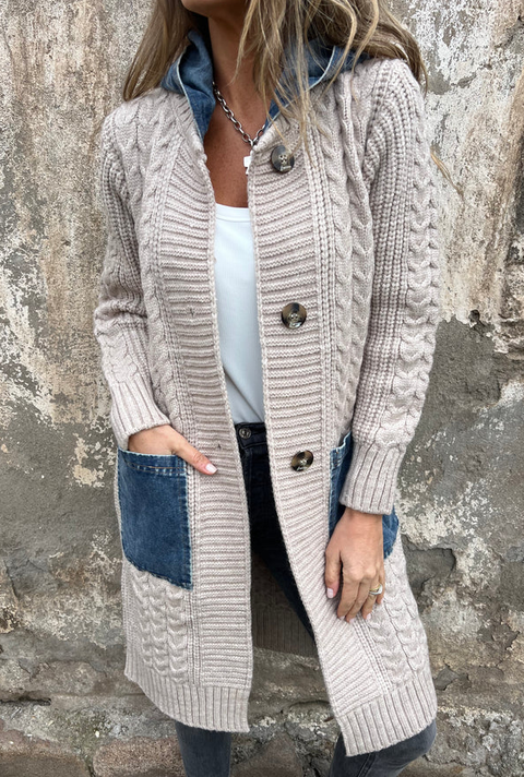 Casual Denim Patchwork Knitted Cardigan Jacket