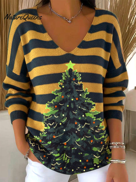 Women's Striped Merry Christmas Tree Print Sweater Top
