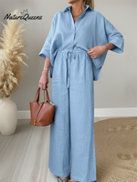 Women's Casual Solid Color Linen Shirt Wide-leg Pants Two-piece Suit
