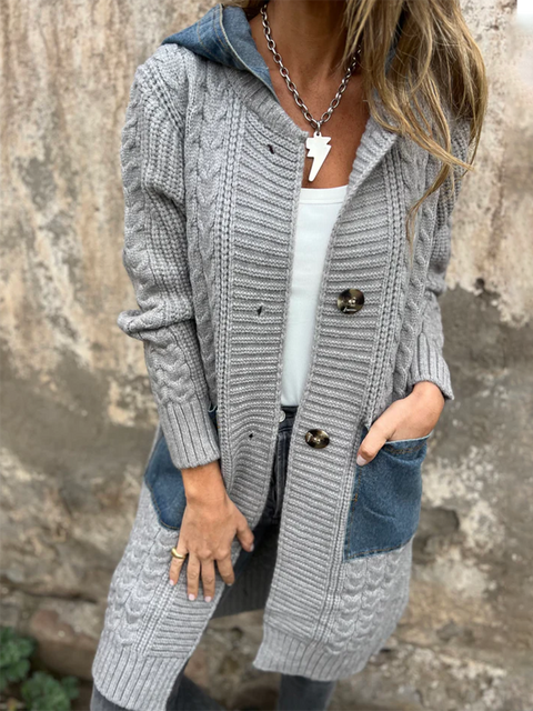Casual Denim Patchwork Knitted Cardigan Jacket