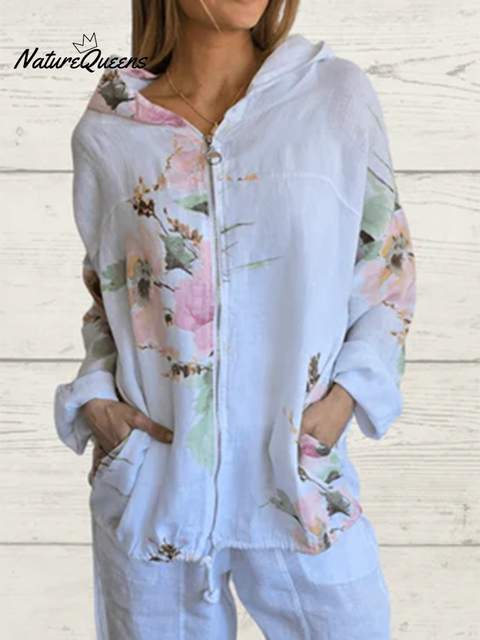 Women's Floral Print Hooded Zip-Up Jacket