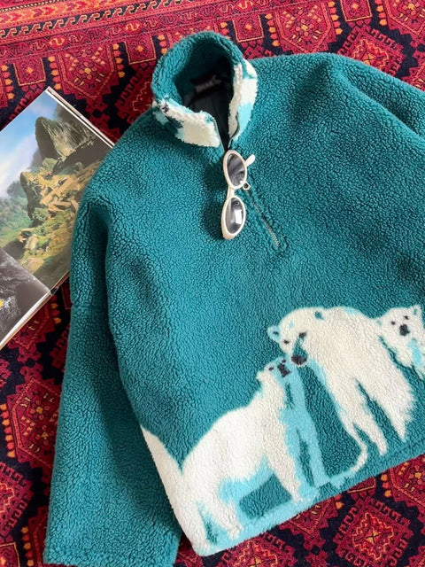 Retro Snow Mountain Print Polar Fleece Sweatshirt