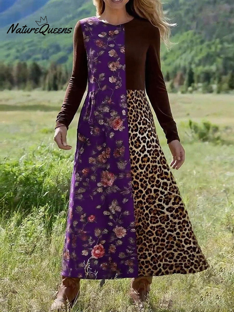 Women's Bohemian Floral Leopard Print Stretch Dress