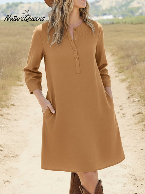 Casual Solid Henley Neck A-Line Cotton Dress