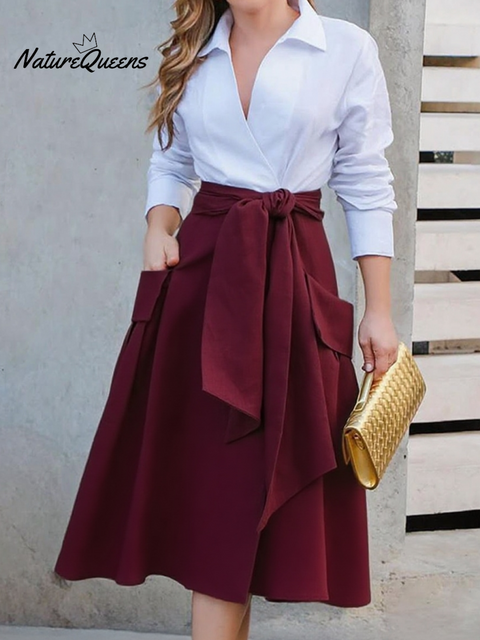 Women's Elegant Tie Pocket Decorated Linen Skirt