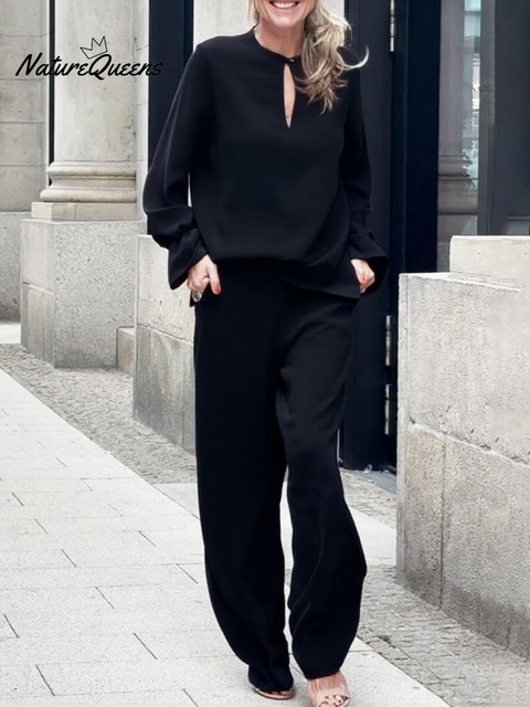Women's Solid Color Button-down Top and Straight-leg Pants Suit