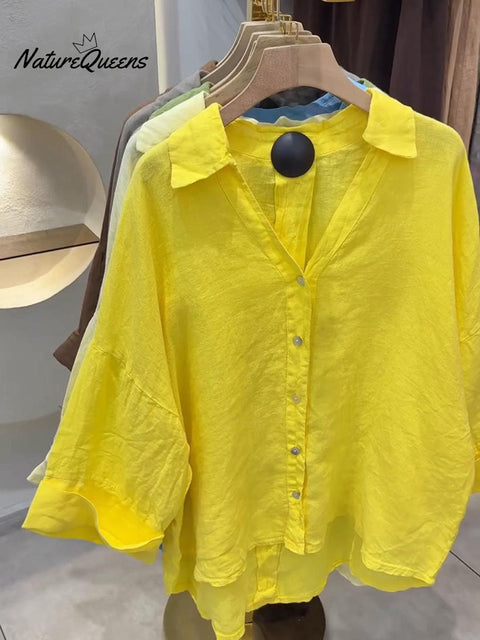 Women's Loose V-neck Batwing Sleeve Long-sleeved Linen Shirt