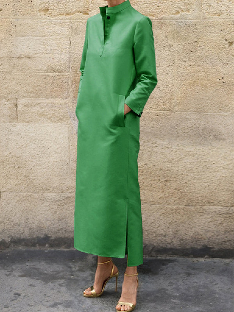 Classic Solid Color Stand Collar Pocket MAXI Dress