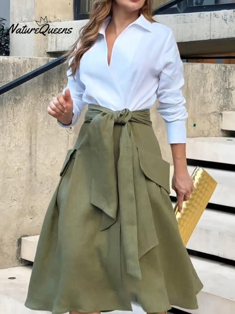 Women's Elegant Tie Pocket Decorated Linen Skirt