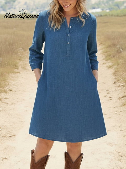 Casual Solid Henley Neck A-Line Cotton Dress