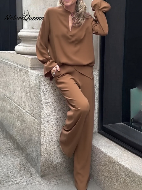 Women's Solid Color Button-down Top and Straight-leg Pants Suit