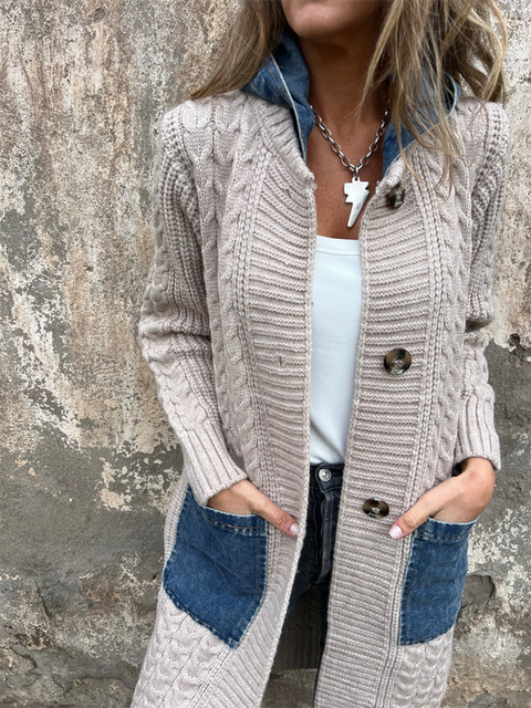 Casual Denim Patchwork Knitted Cardigan Jacket