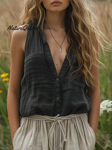 Women's  Cotton and Linen Solid Color V-Neck Pocket Sleeveless Shirt