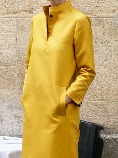 Classic Solid Color Stand Collar Pocket MAXI Dress