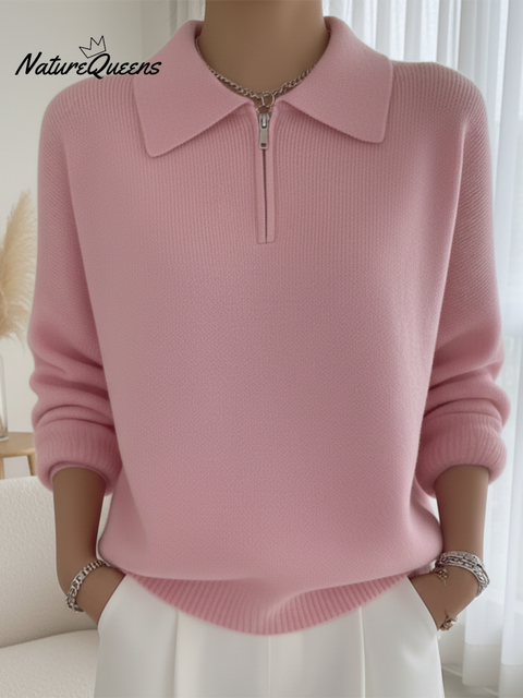 Women's Polo Neck Zipper Wool Sweater Top
