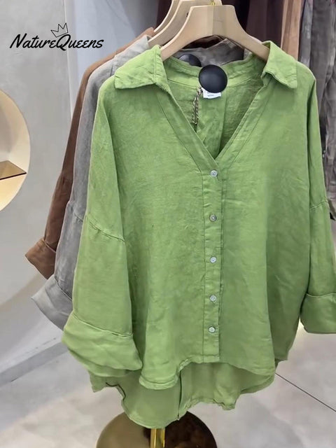 Women's Loose V-neck Batwing Sleeve Long-sleeved Linen Shirt