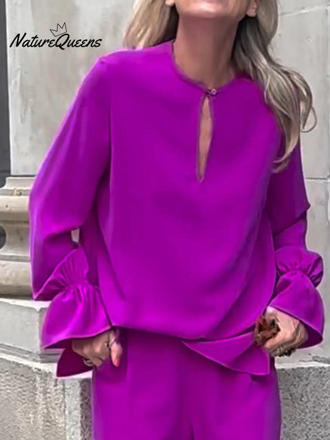 Women's Solid Color Button-down Top and Straight-leg Pants Suit