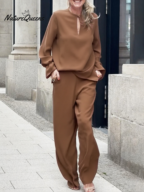 Women's Solid Color Button-down Top and Straight-leg Pants Suit