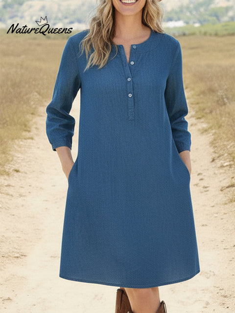 Casual Solid Henley Neck A-Line Cotton Dress