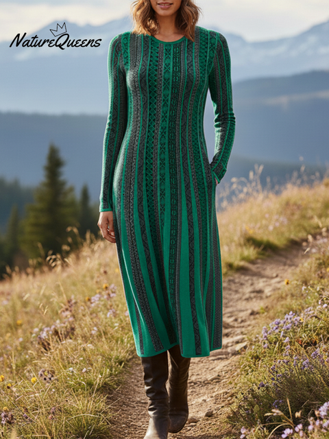 Dream Wilderness Striped Totem Print Knitted Midi Dress