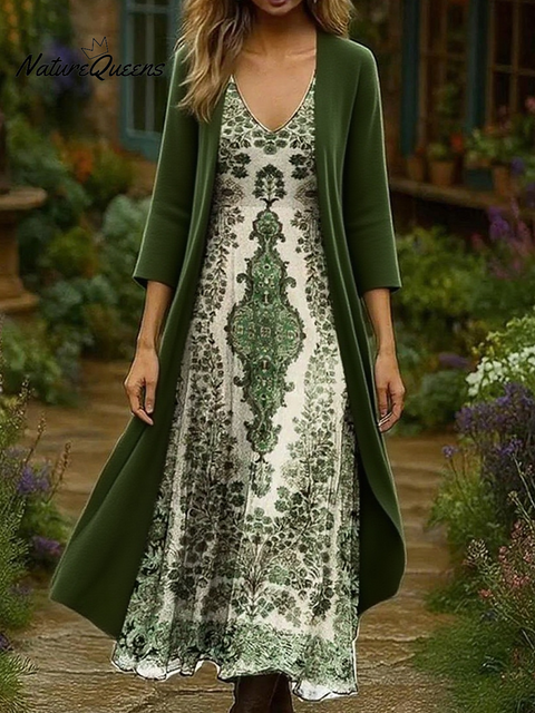 Women's Floral Print Cardigan Dress Two-piece Set
