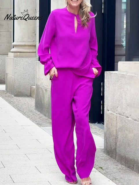 Women's Solid Color Button-down Top and Straight-leg Pants Suit