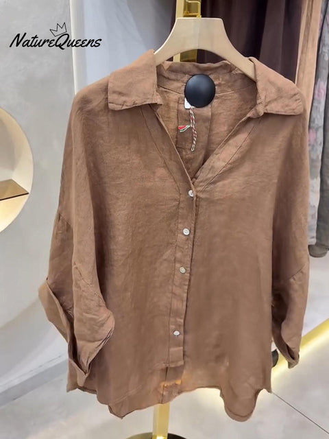 Women's Loose V-neck Batwing Sleeve Long-sleeved Linen Shirt