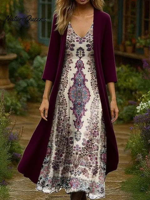 Women's Floral Print Cardigan Dress Two-piece Set