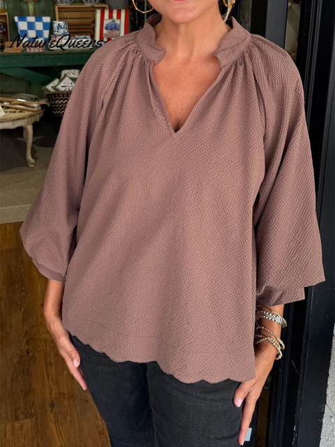 Women's Casual Loose V-neck Lantern Sleeve Top