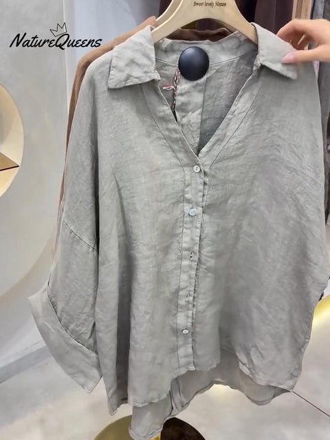 Women's Loose V-neck Batwing Sleeve Long-sleeved Linen Shirt