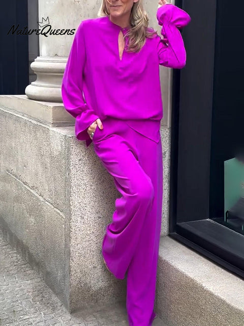 Women's Solid Color Button-down Top and Straight-leg Pants Suit