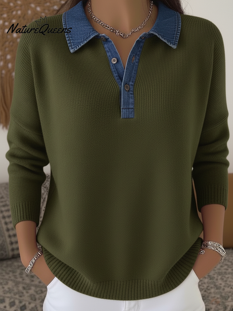 Retro Denim Patchwork Polo Collar Knitted Sweater Top