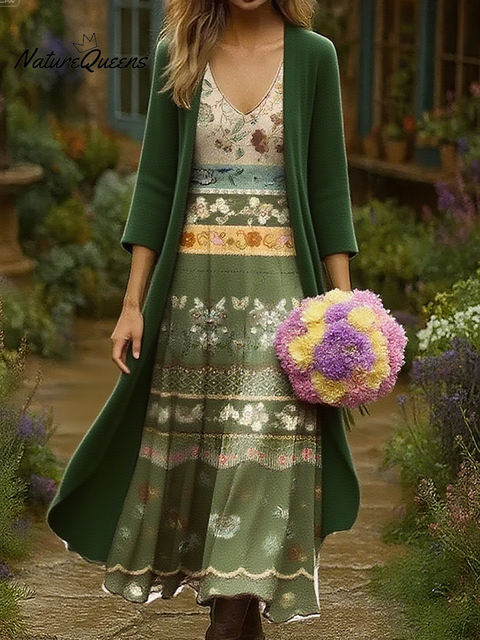 Women's Floral Patchwork Print Cardigan Dress Two-piece Set