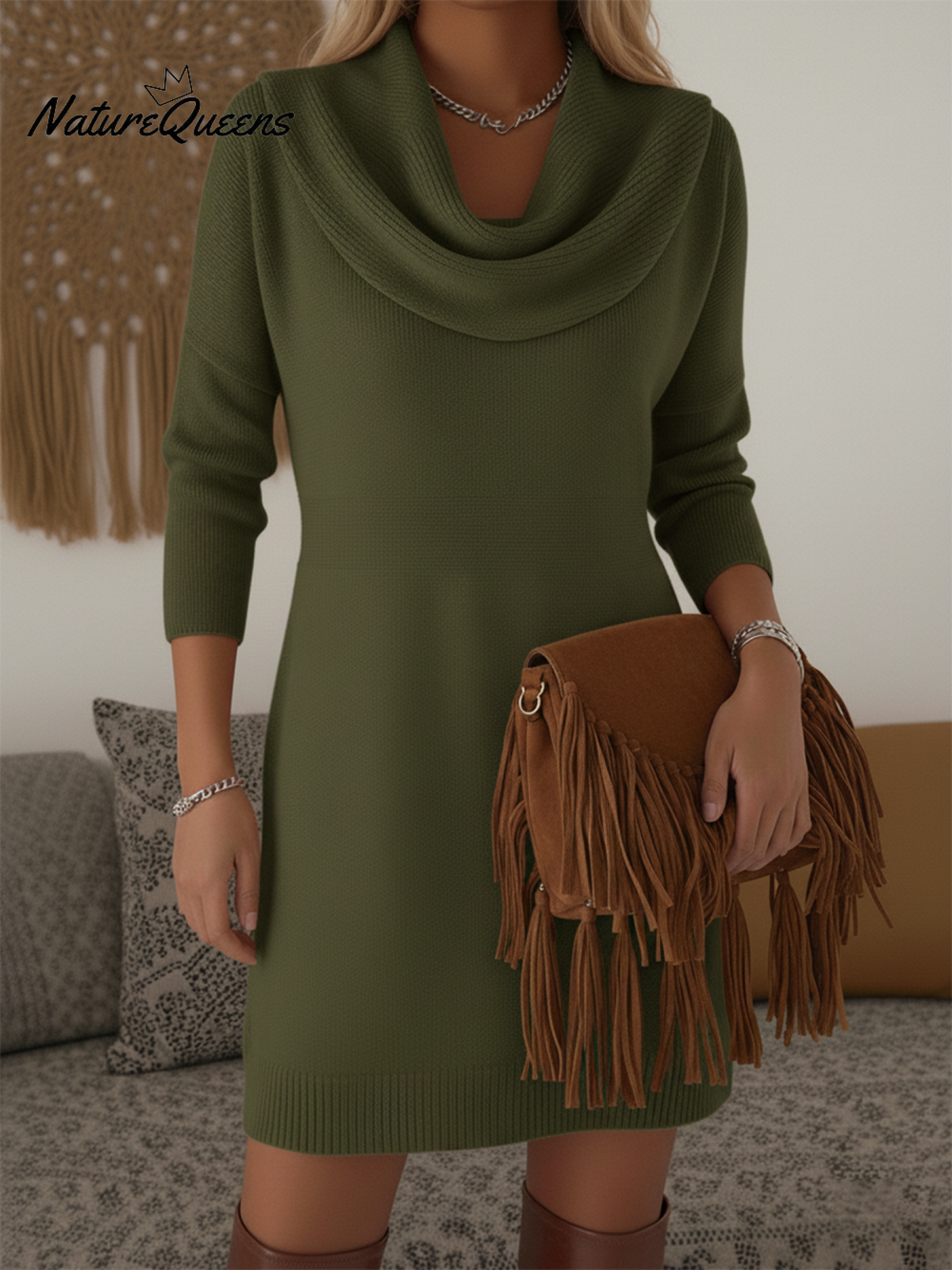 Elegant and Soft Solid Color Cowl Neck Knit Dress