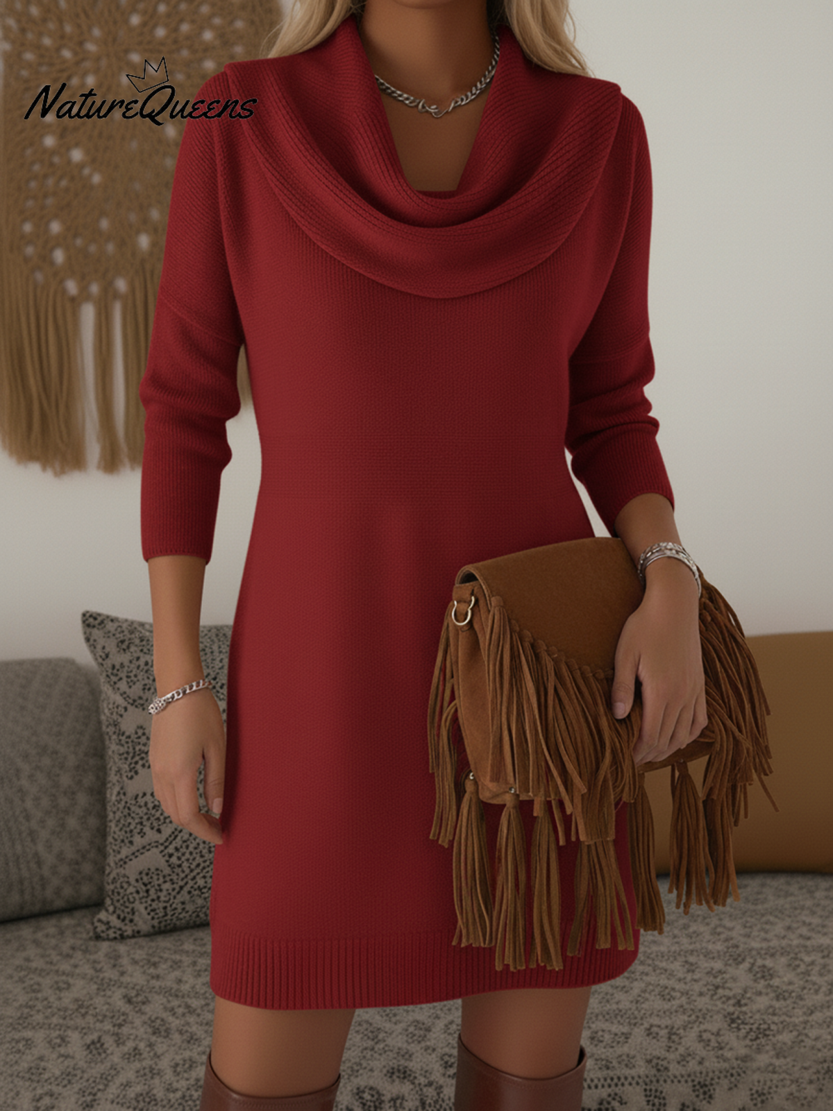 Elegant and Soft Solid Color Cowl Neck Knit Dress