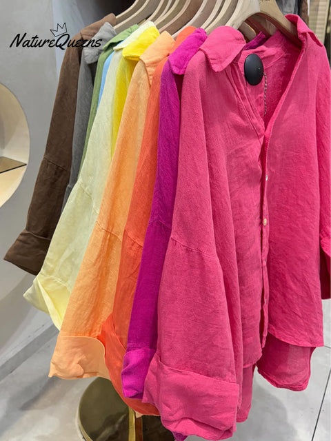 Women's Loose V-neck Batwing Sleeve Long-sleeved Linen Shirt