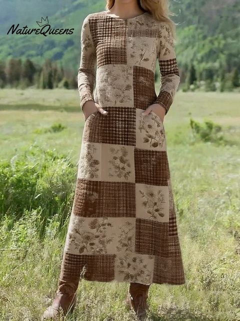 Women's Textured Floral Plaid Patchwork Print Stretch Dress