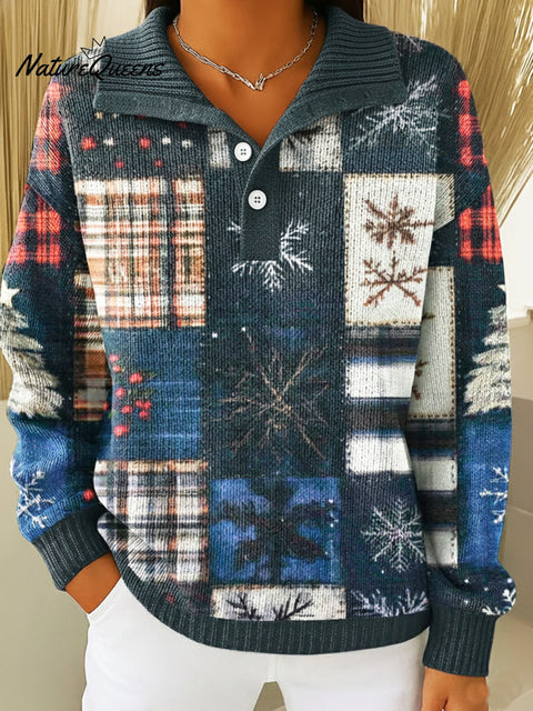 Blue Snowflake Plaid Patchwork Print Lapel Sweater Top