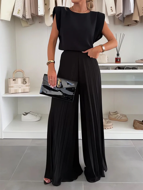 Pleated Wide-leg Pants and Top Two-piece Suit