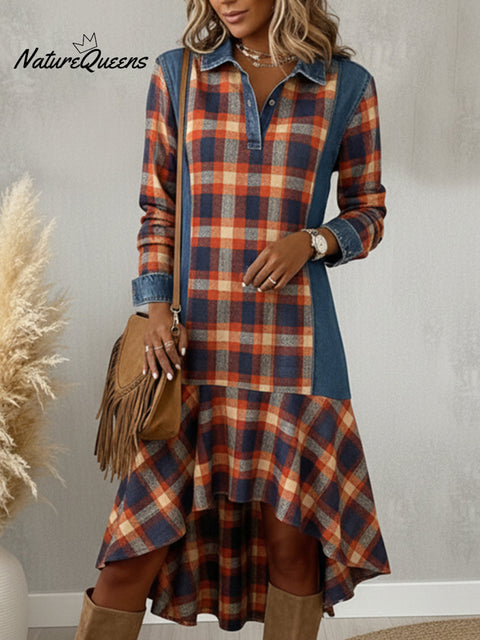 Denim Patchwork Plaid Print Ruffle Hem Midi Dress