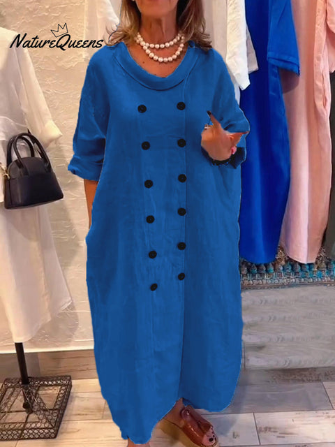 Women's Loose Button Cotton and Linen Dress