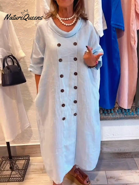 Women's Loose Button Cotton and Linen Dress