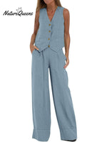 Women's Fashion Solid Color Vest Trousers Collage Stitching Cotton and Linen Casual Suit