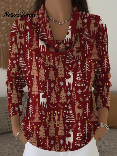 Women's Christmas Print Turtleneck Boat Neck Sweater