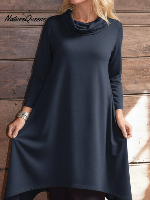 Women's Retro Elegant Cowl Neck Solid Color Irregular Hem Knitted Top