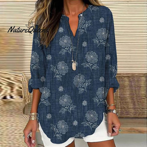 Distinctive Floral Print V - Neck Navy Top / S