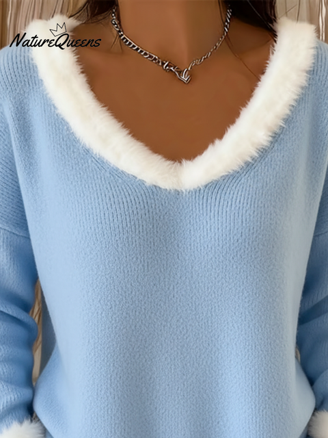 Cute Christmas V-neck Fur Collar Knitted Sweater Top