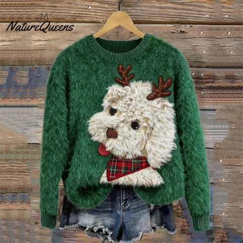 Christmas Fuzzy Dog With Reindeer Horns Cozy Sweater